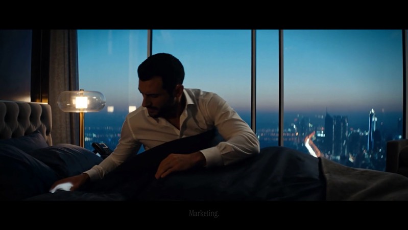 Opening frame of the SCENA Growth film: a man at a window above the Dubai skyline at dusk