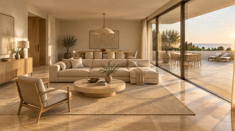 Living room visualization with travertine floor and sliding glass wall