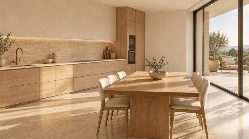 Kitchen visualization with oak cabinets and dining table