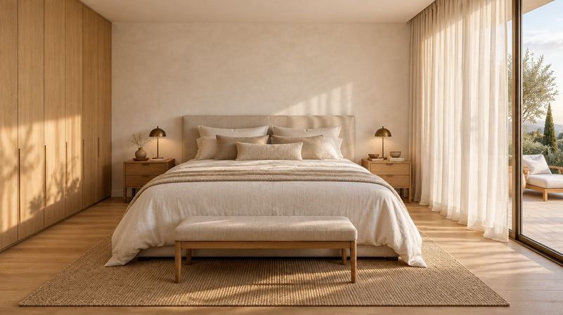 Master bedroom visualization with linen curtains