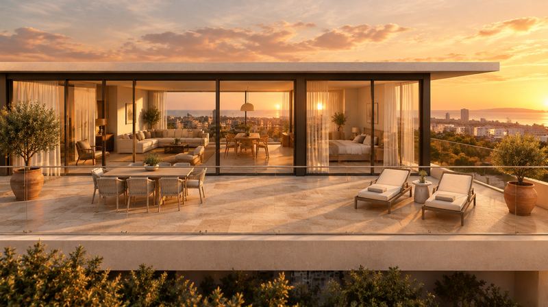 Terrace visualization at sunset with olive trees